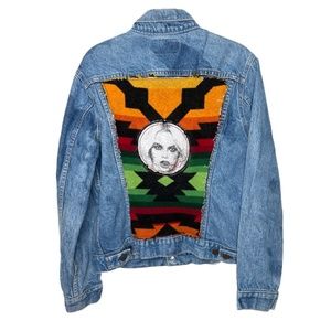 Custom Vintage Levi's Denim Jacket Aztec Tribal Pattern Model Face